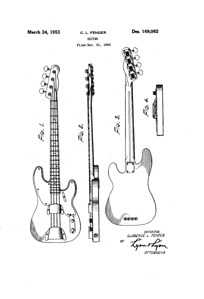 Título: Fender Precision Bass '51 patent sketch (D169062)
Fonte: Wikimedia Commons
Link direto: https://commons.wikimedia.org/wiki/File:Fender_Precision_Bass_%2751_patent_sketch_(D169062).png